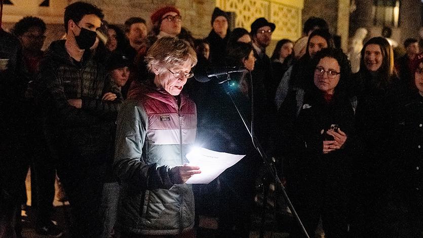 Image of Deb DiCaprio presiding over the 2023 Marist Holiday Tree lighting.